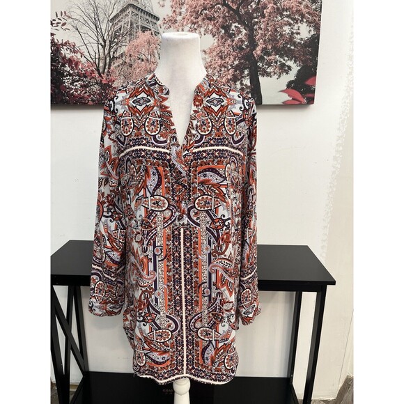 Gianni Bini Women’s Tunic Top Blouse Paisley Size M Long Sleeve V Neck - Picture 2 of 15